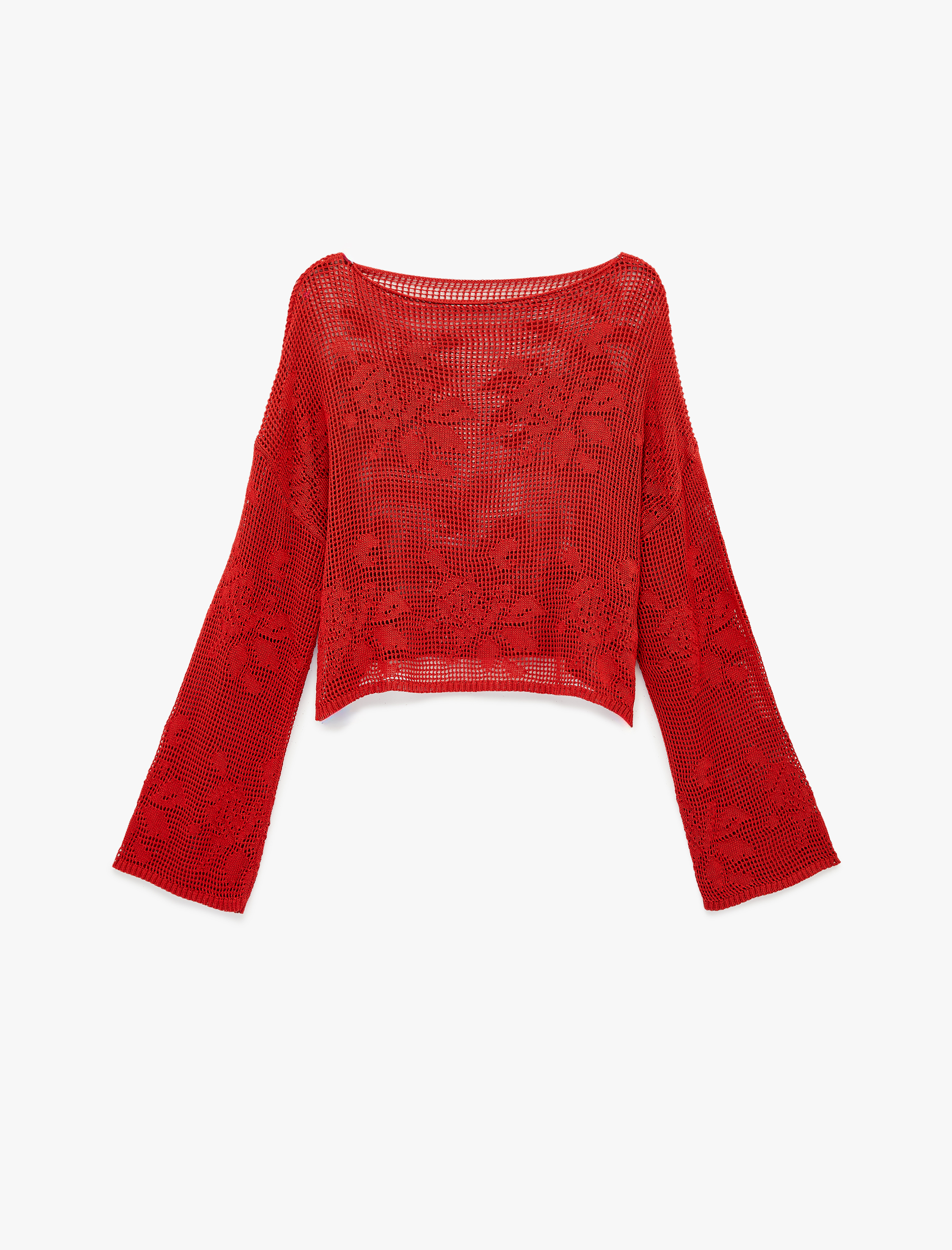   Geniş Uzun Kollu Kayık Yaka Kroşe Ajurlu Kazak