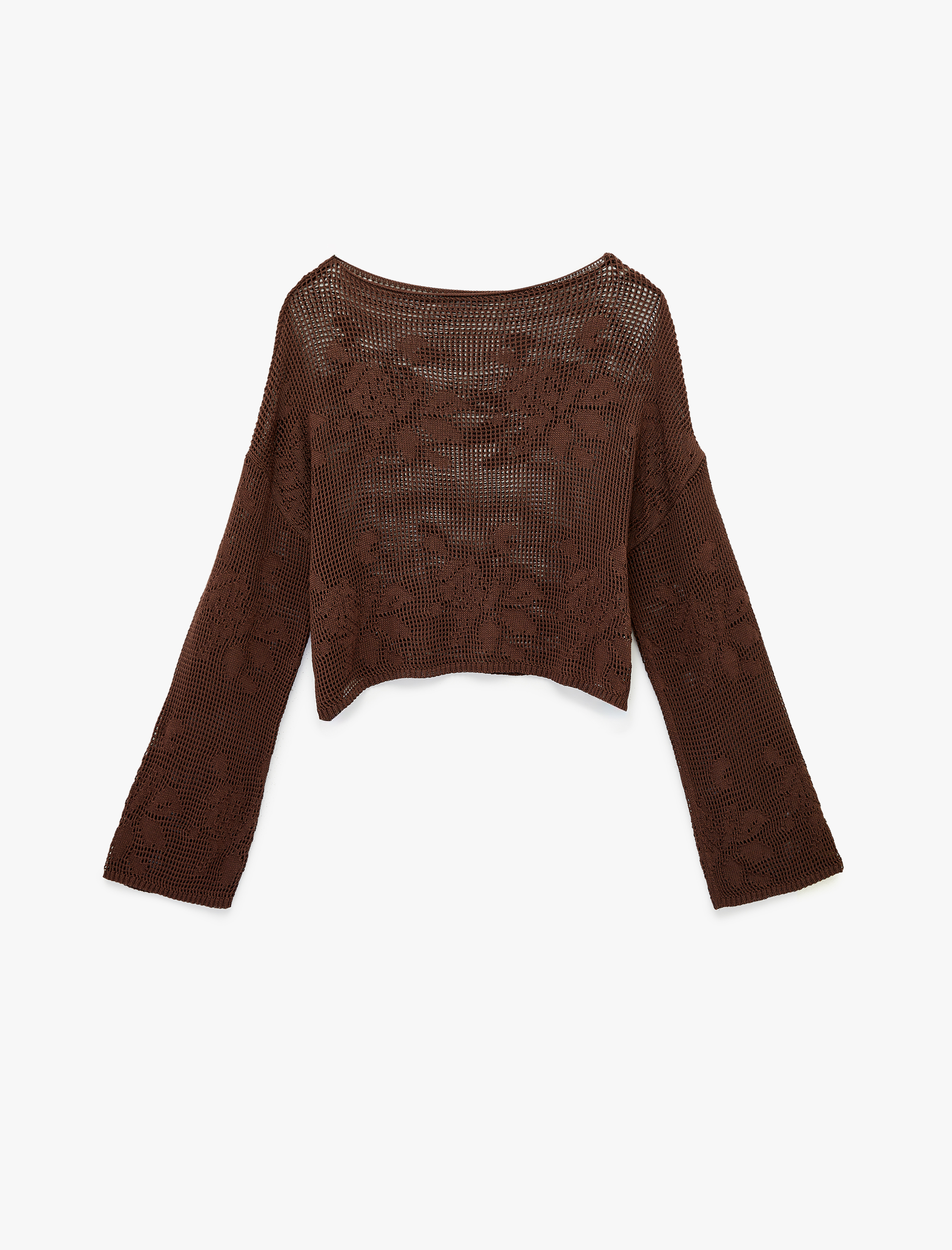   Geniş Uzun Kollu Kayık Yaka Kroşe Ajurlu Kazak