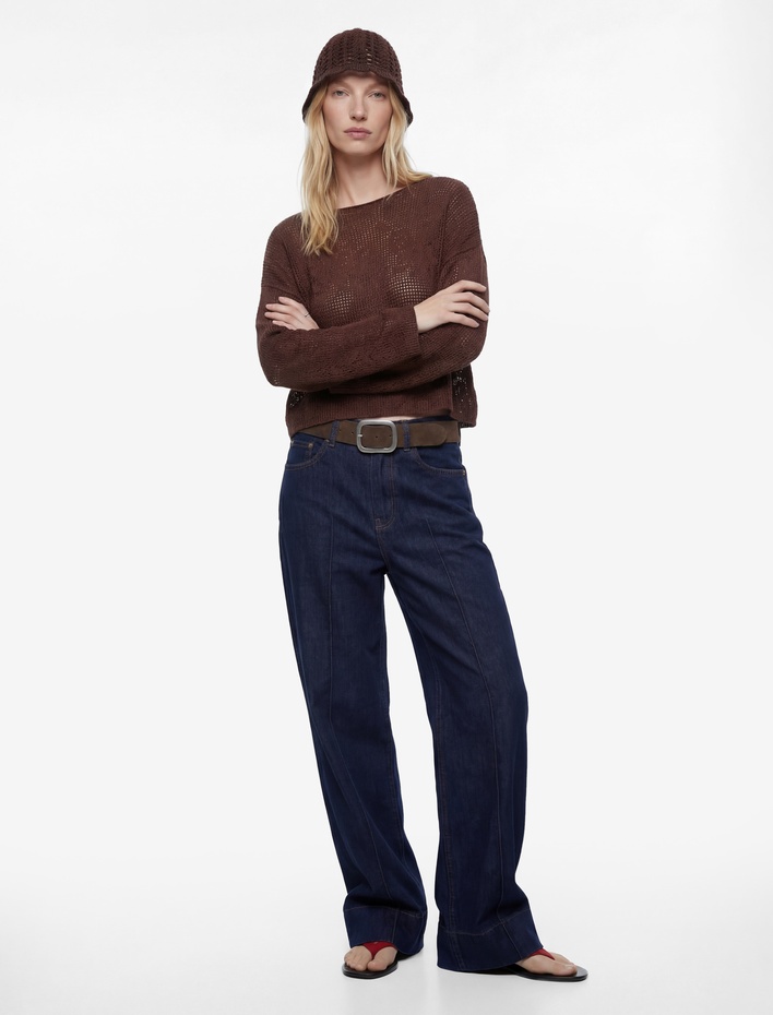  Geniş Uzun Kollu Kayık Yaka Kroşe Ajurlu Kazak