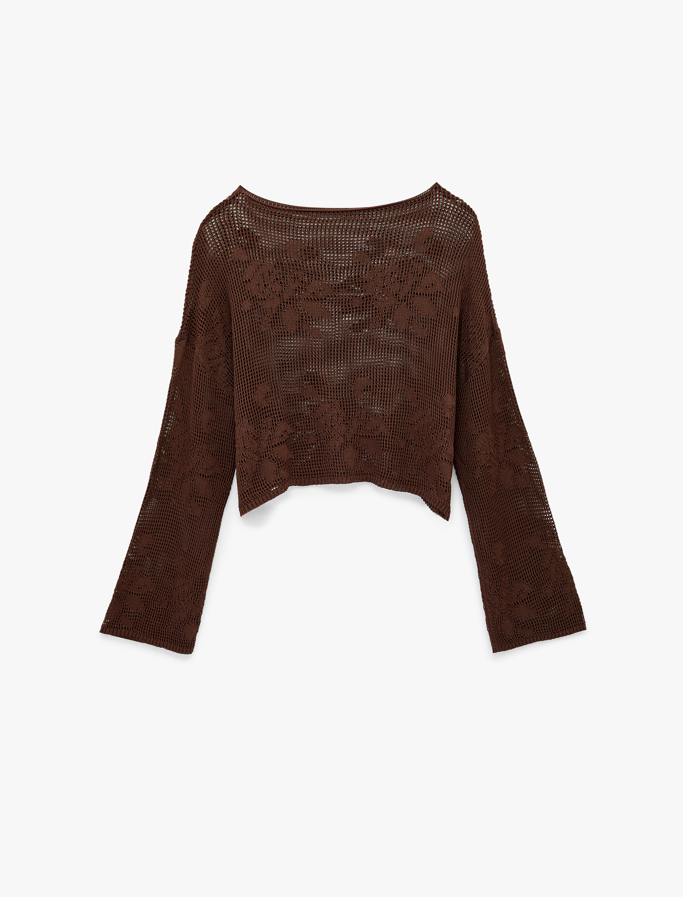   Geniş Uzun Kollu Kayık Yaka Kroşe Ajurlu Kazak