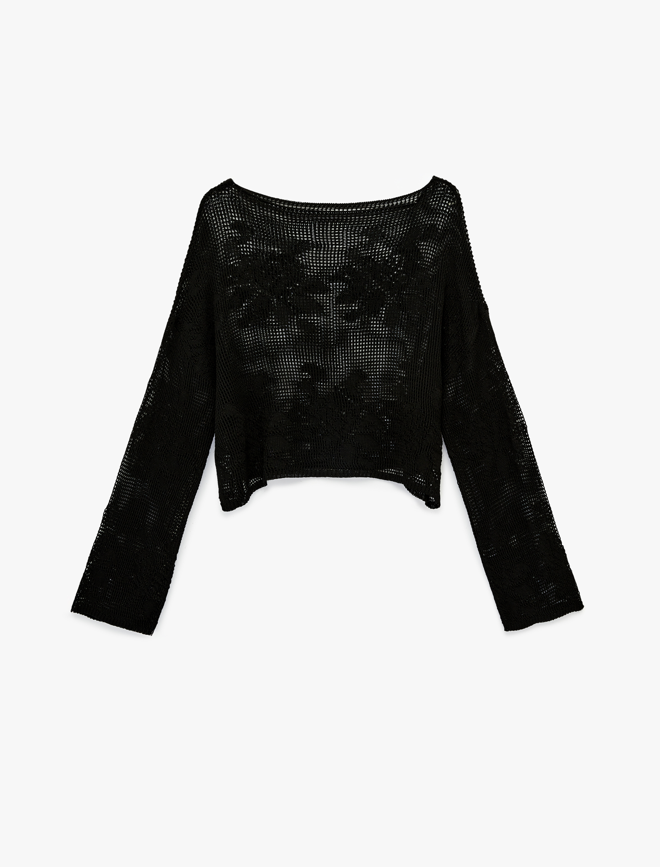   Geniş Uzun Kollu Kayık Yaka Kroşe Ajurlu Kazak