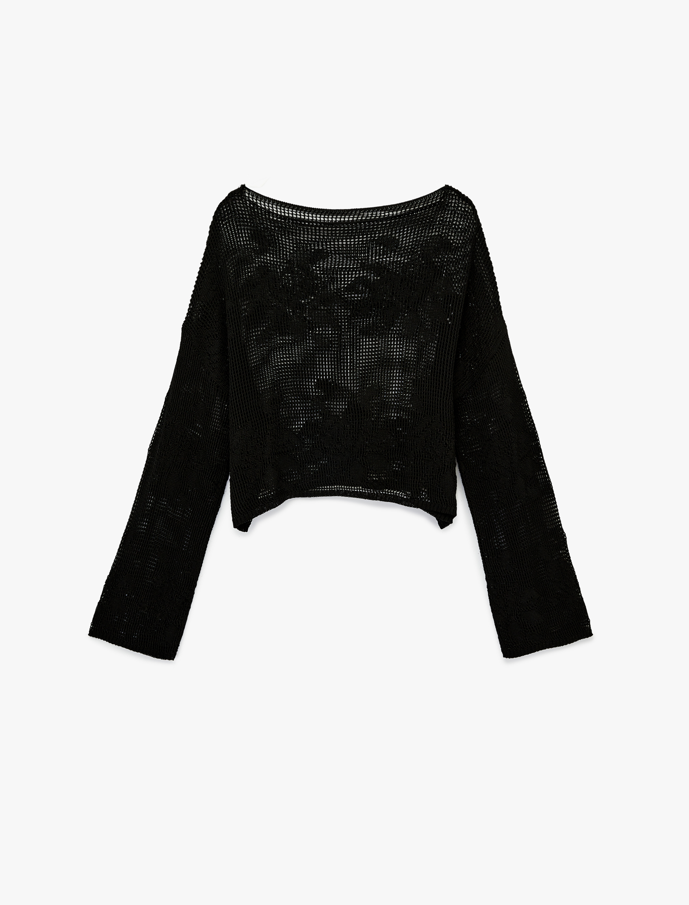   Geniş Uzun Kollu Kayık Yaka Kroşe Ajurlu Kazak