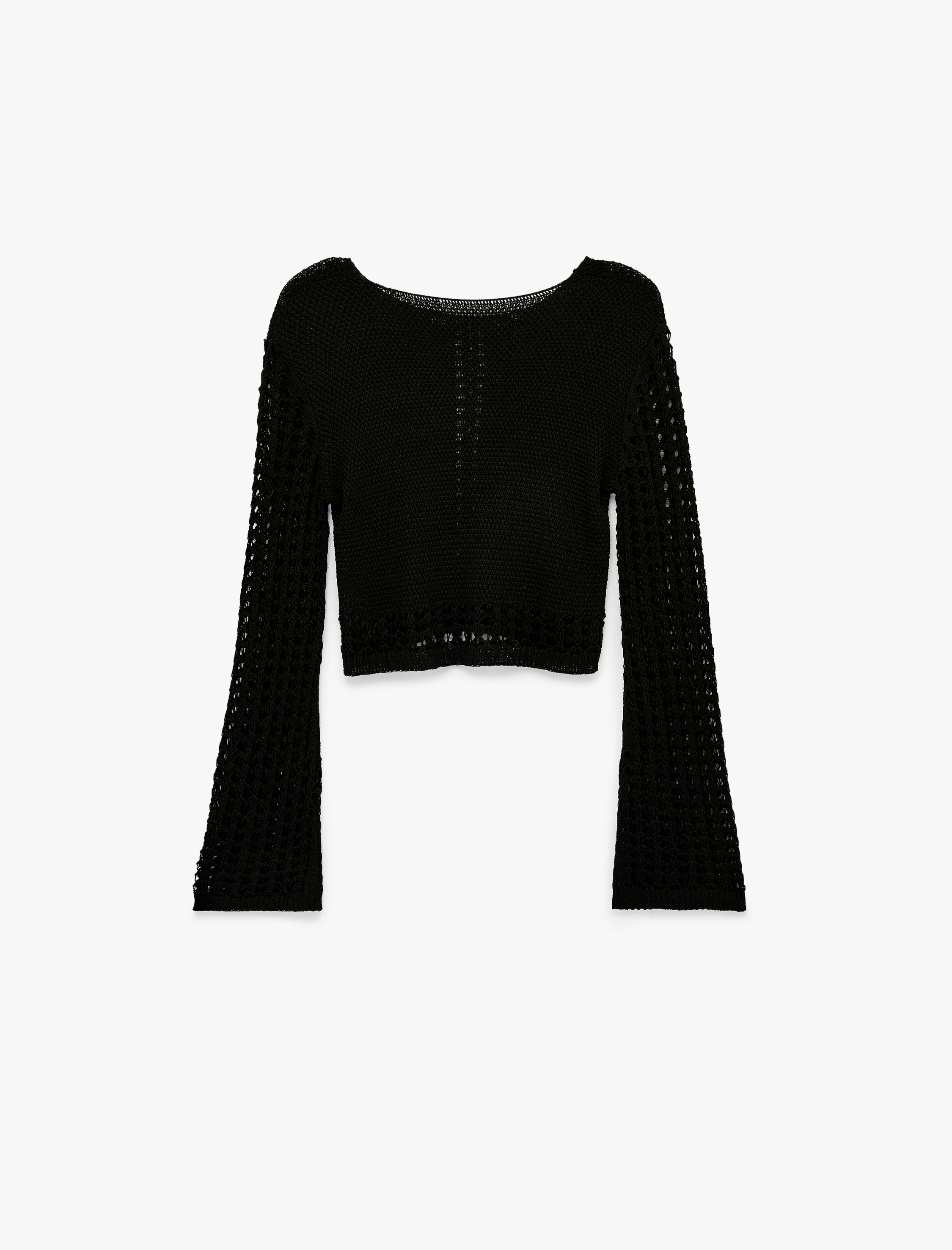   Geniş Uzun Kollu Yuvarlak Yaka Kroşe Ajurlu Crop Kazak