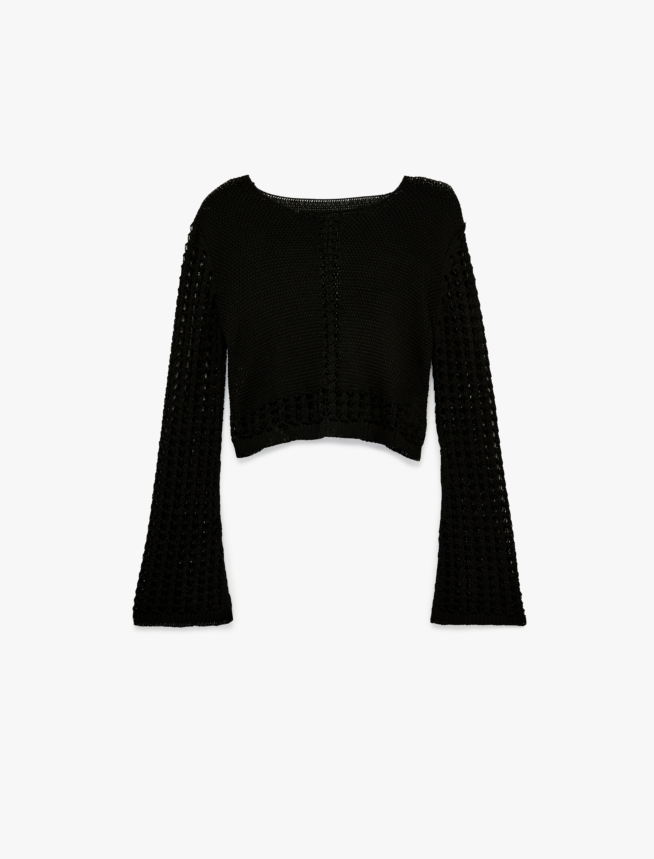   Geniş Uzun Kollu Yuvarlak Yaka Kroşe Ajurlu Crop Kazak