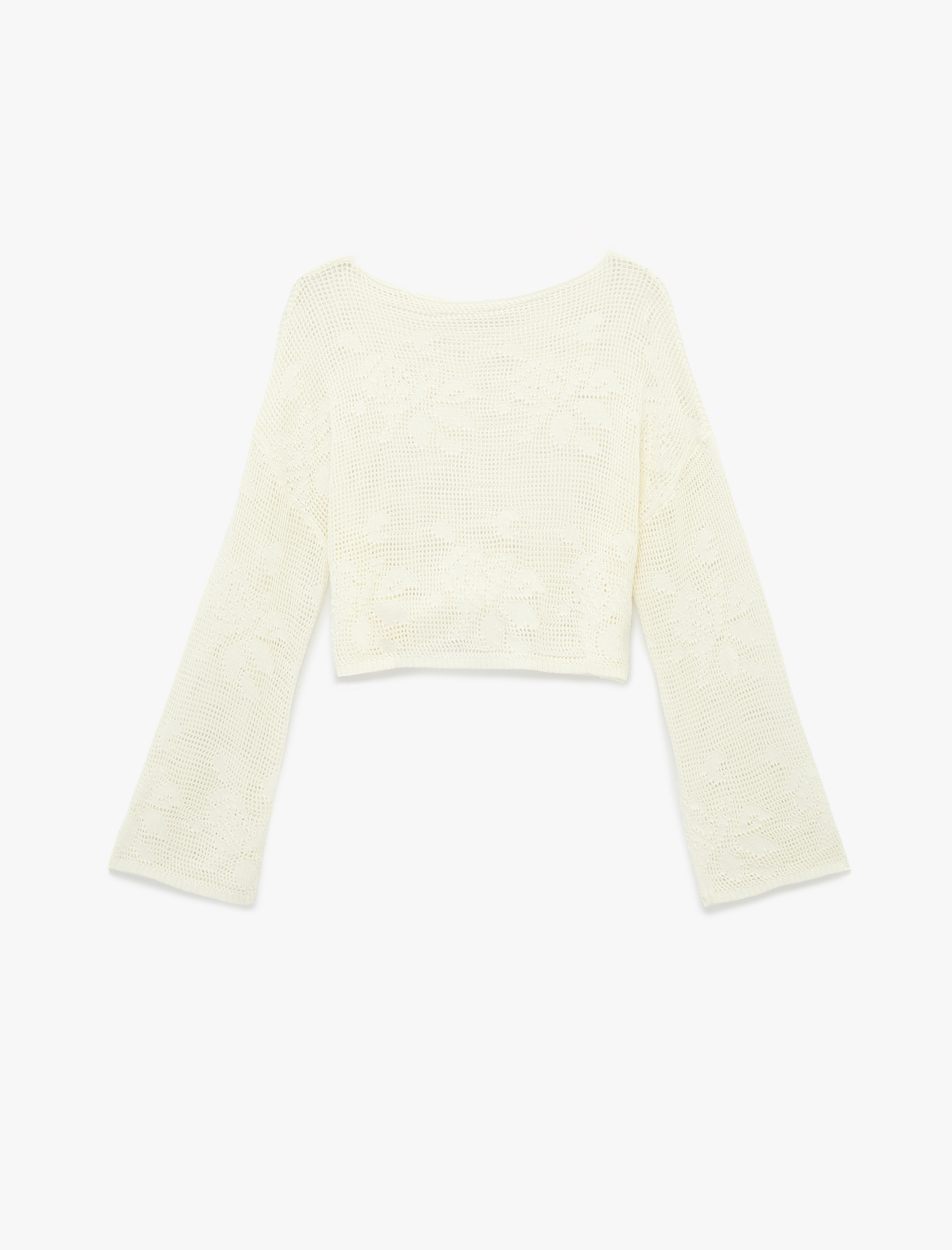   Geniş Uzun Kollu Kayık Yaka Kroşe Ajurlu Kazak