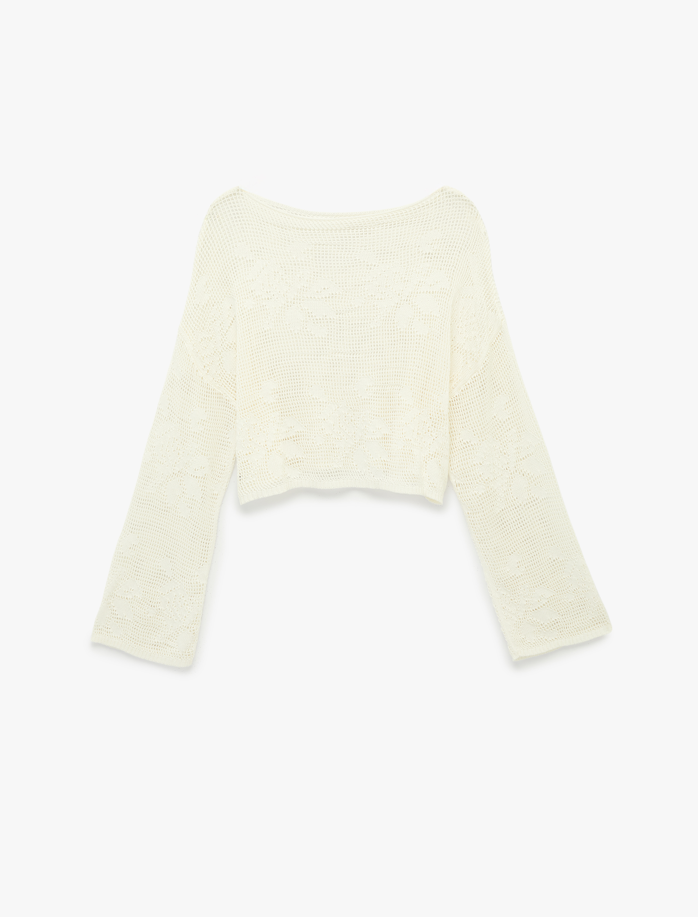   Geniş Uzun Kollu Kayık Yaka Kroşe Ajurlu Kazak