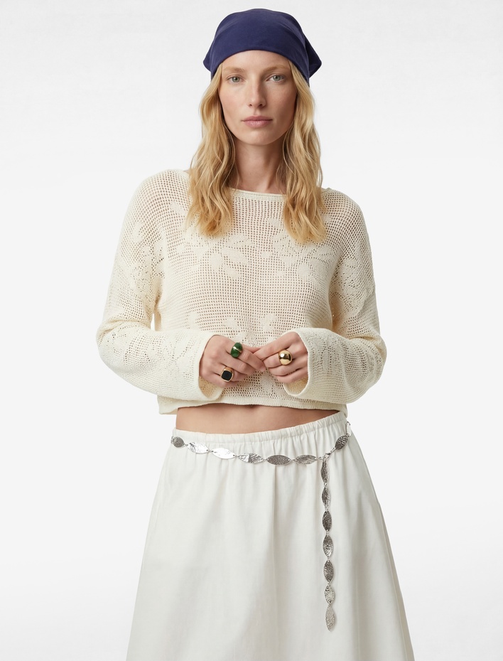  Geniş Uzun Kollu Kayık Yaka Kroşe Ajurlu Kazak