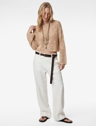 Geniş Uzun Kollu Kayık Yaka Kroşe Ajurlu Kazak