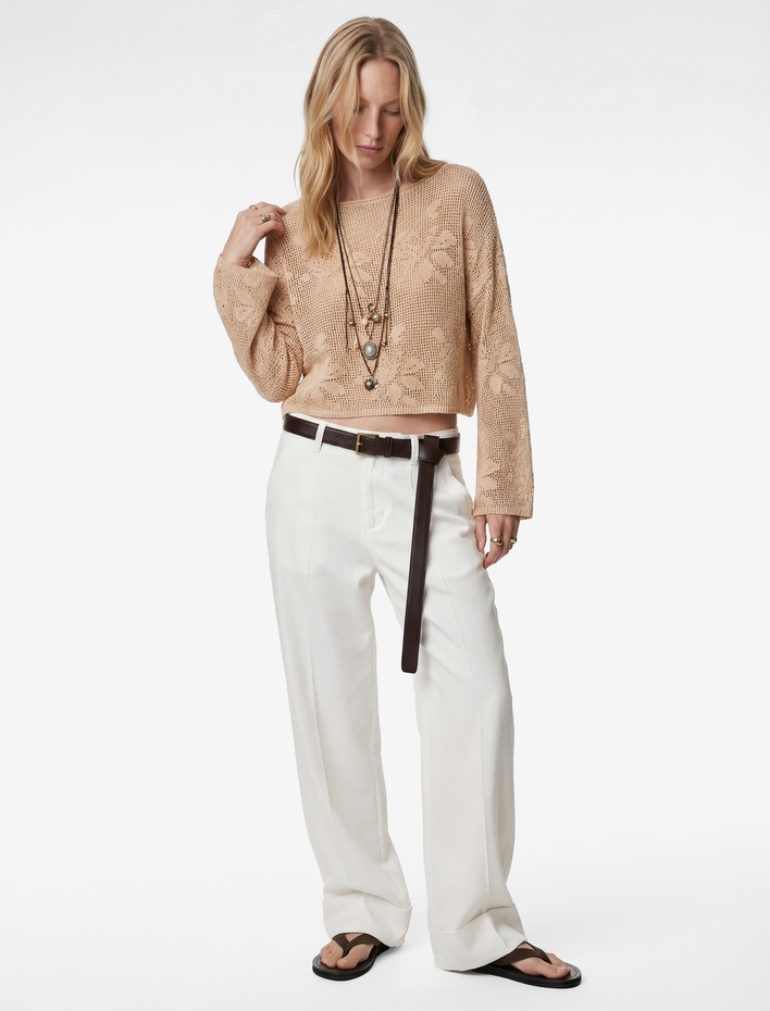  Geniş Uzun Kollu Kayık Yaka Kroşe Ajurlu Kazak