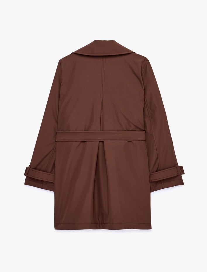  Uzun Kollu Cepli Düğmeli Kruvaze Kemerli Trençkot