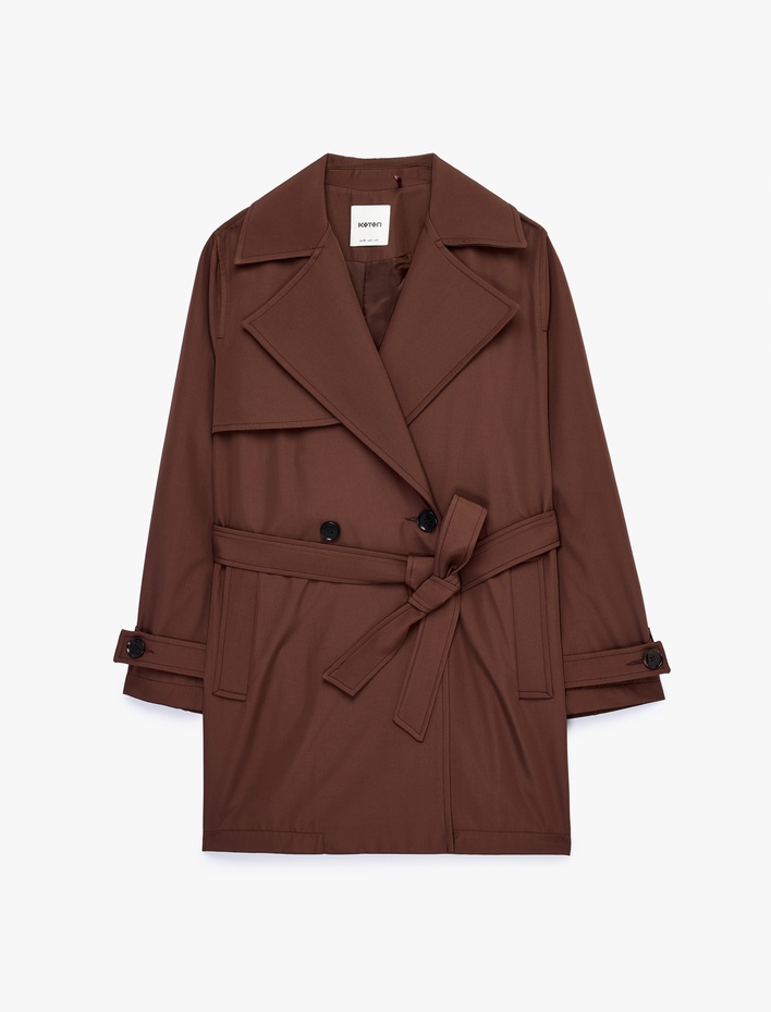  Uzun Kollu Cepli Düğmeli Kruvaze Kemerli Trençkot