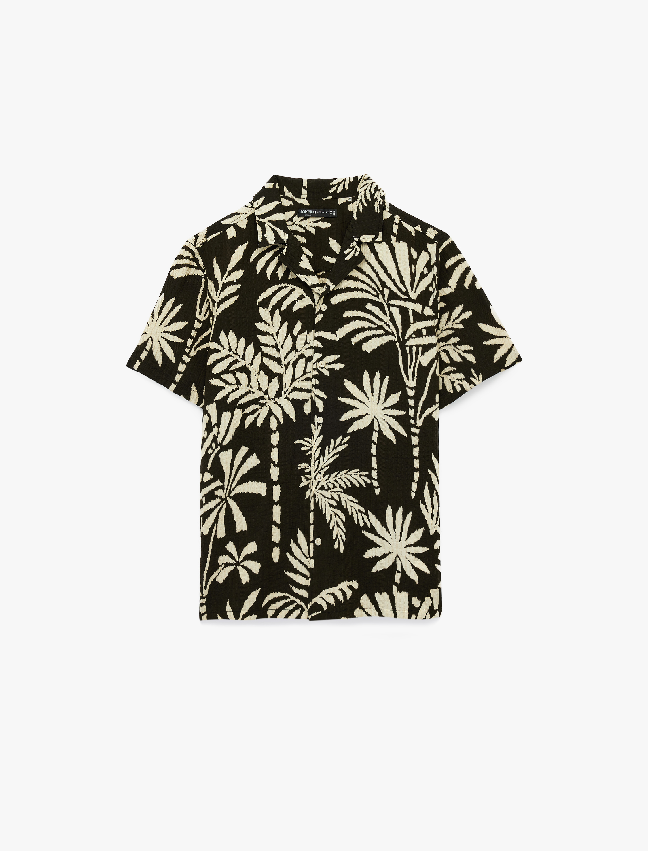 Regular Fit Kısa Kollu Viskon Devrik Yaka Palmiye Desenli Gömlek - Görsel 3