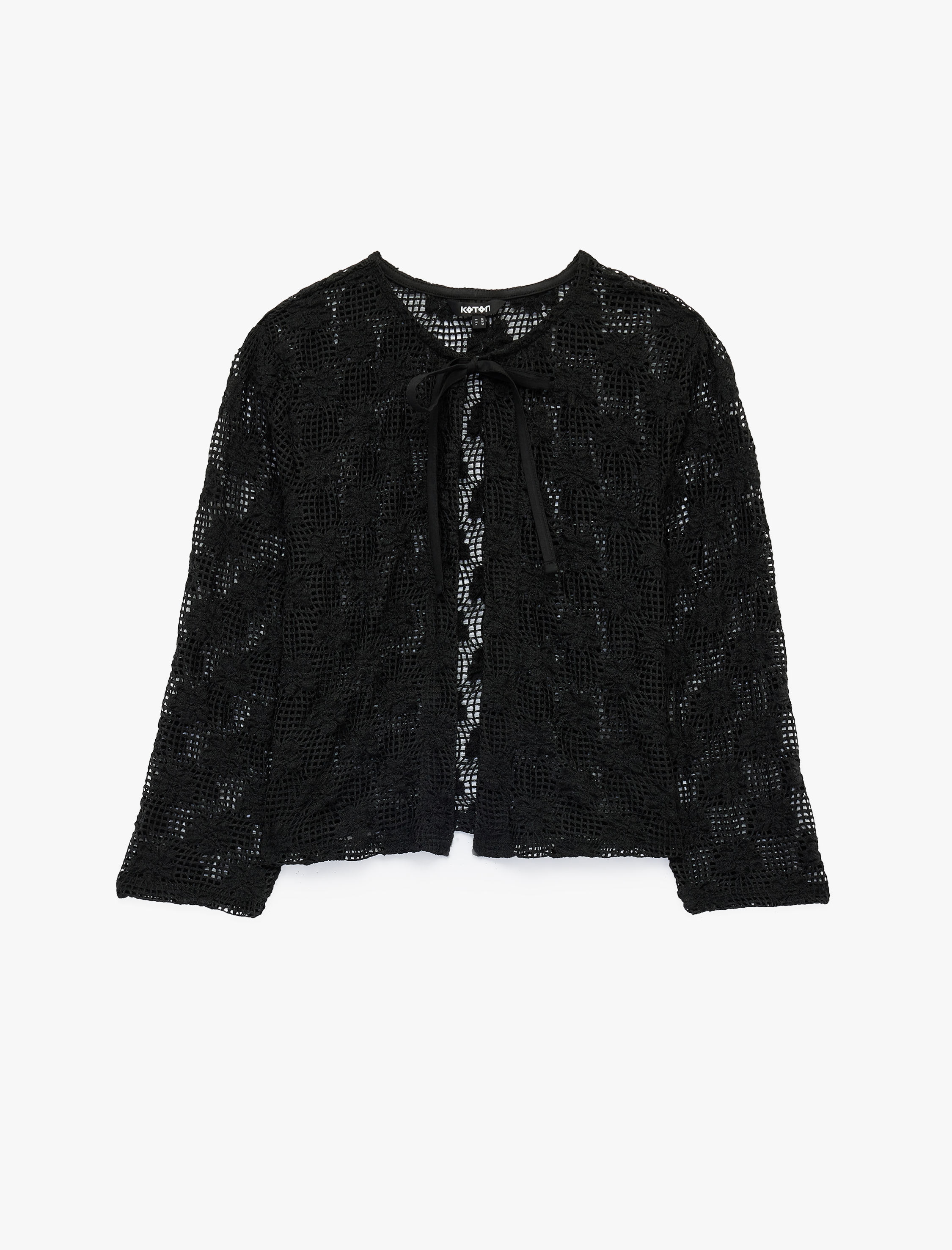   Slim Fit Uzun Kollu Bisiklet Yaka Önden Bağlamalı Fiyonklu Dantel Crop Bluz