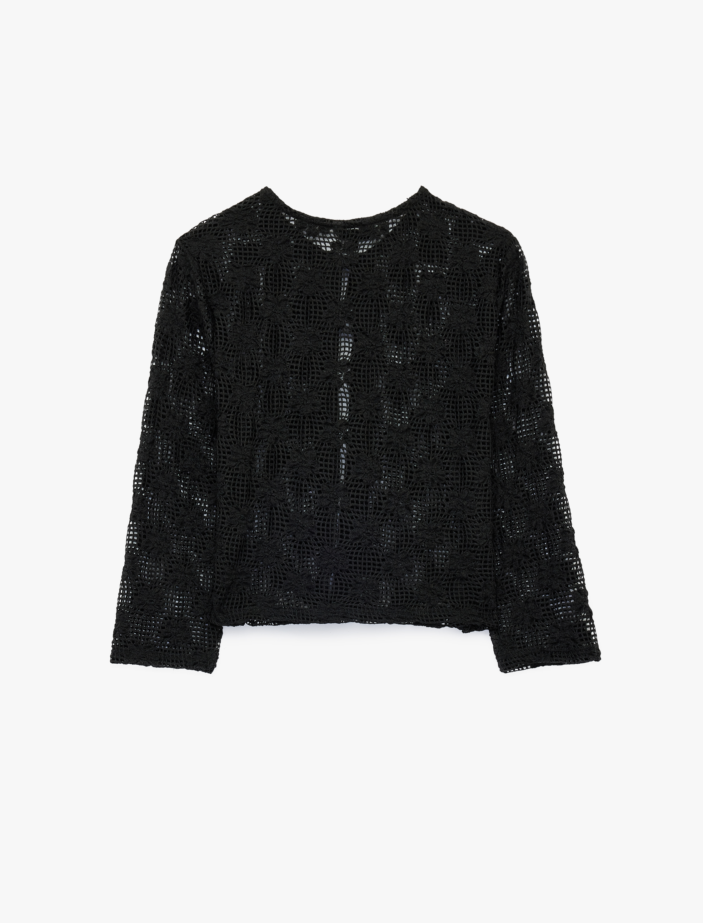   Slim Fit Uzun Kollu Bisiklet Yaka Önden Bağlamalı Fiyonklu Dantel Crop Bluz