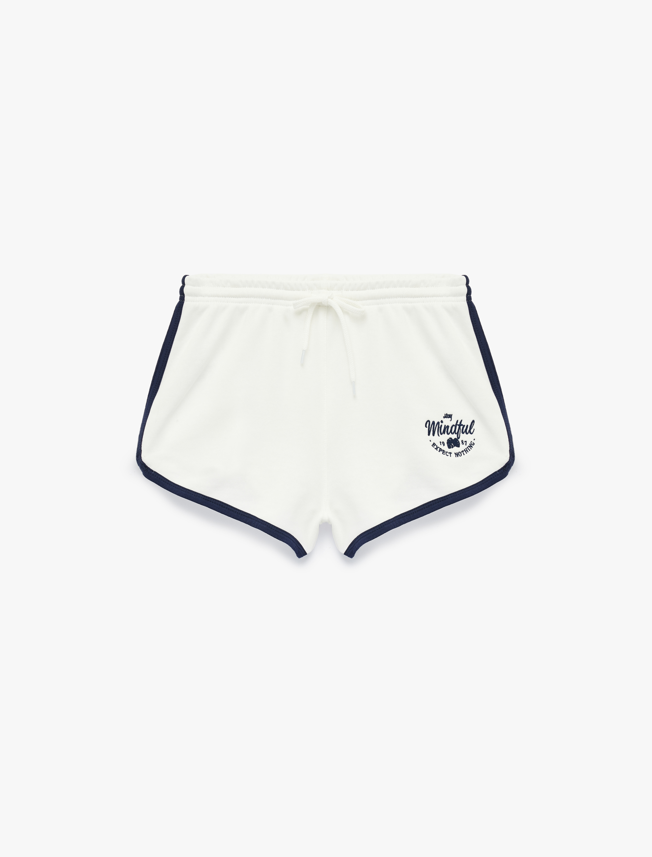   Nakışlı Pamuklu Biyeli Beli Bağcıklı Mini Şort