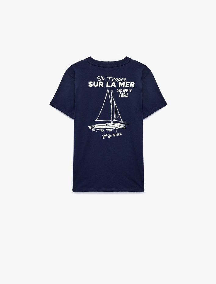 Erkek Çocuk Pamuklu Bisiklet Yaka Kısa Kollu Denizci Temalı Arkası Baskılı Tişört
