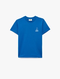 Pamuklu Kısa Kollu Bisiklet Yaka Denizci Temalı Arkası Baskılı Tişört