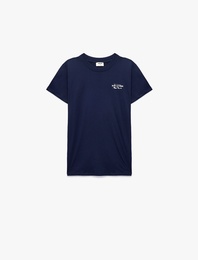 Pamuklu Bisiklet Yaka Kısa Kollu Denizci Temalı Arkası Baskılı Tişört