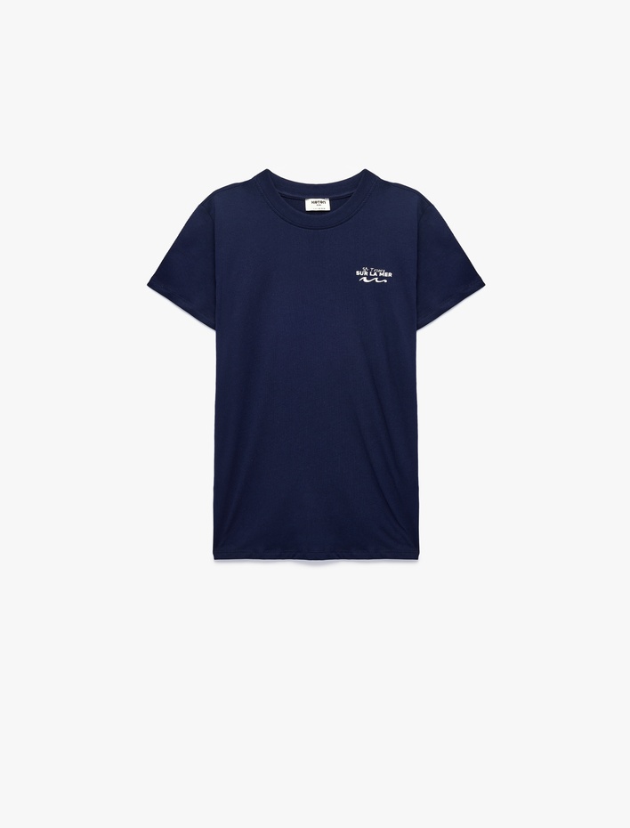 Erkek Çocuk Pamuklu Bisiklet Yaka Kısa Kollu Denizci Temalı Arkası Baskılı Tişört