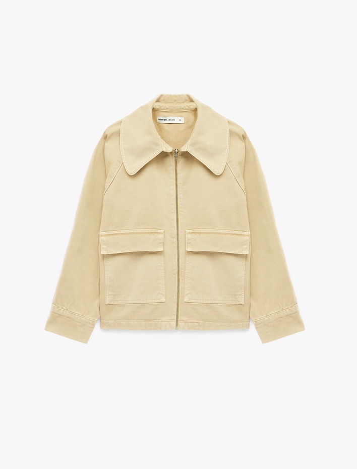  Klasik Yaka Fermuarlı Cep Detaylı Pamuklu Denim Ceket