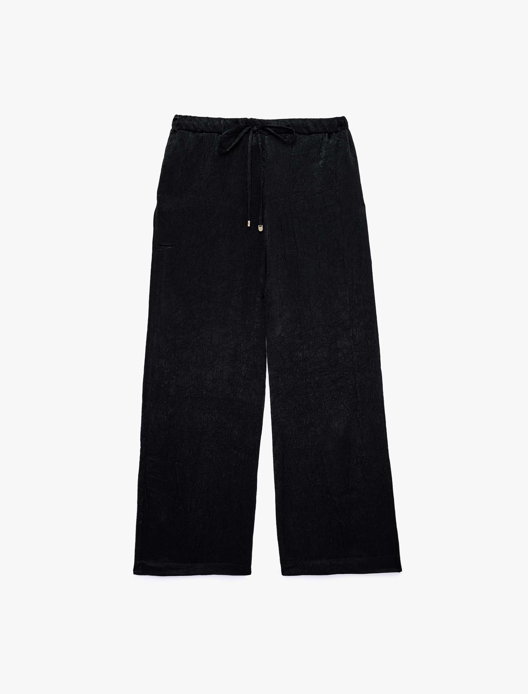   Bağcıklı Yüksek Bel Cep Detaylı Geniş Paça Saten Pantolon