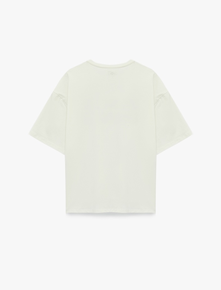  Pamuklu Yarım Kollu Bisiklet Yaka Baskılı Yırtmaçlı Oversize Spor Tişört