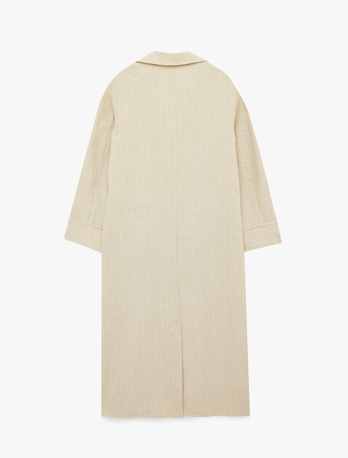  Keten Karışımlı Uzun Kollu Cepli Çizgili Kruvaze Uzun Ceket