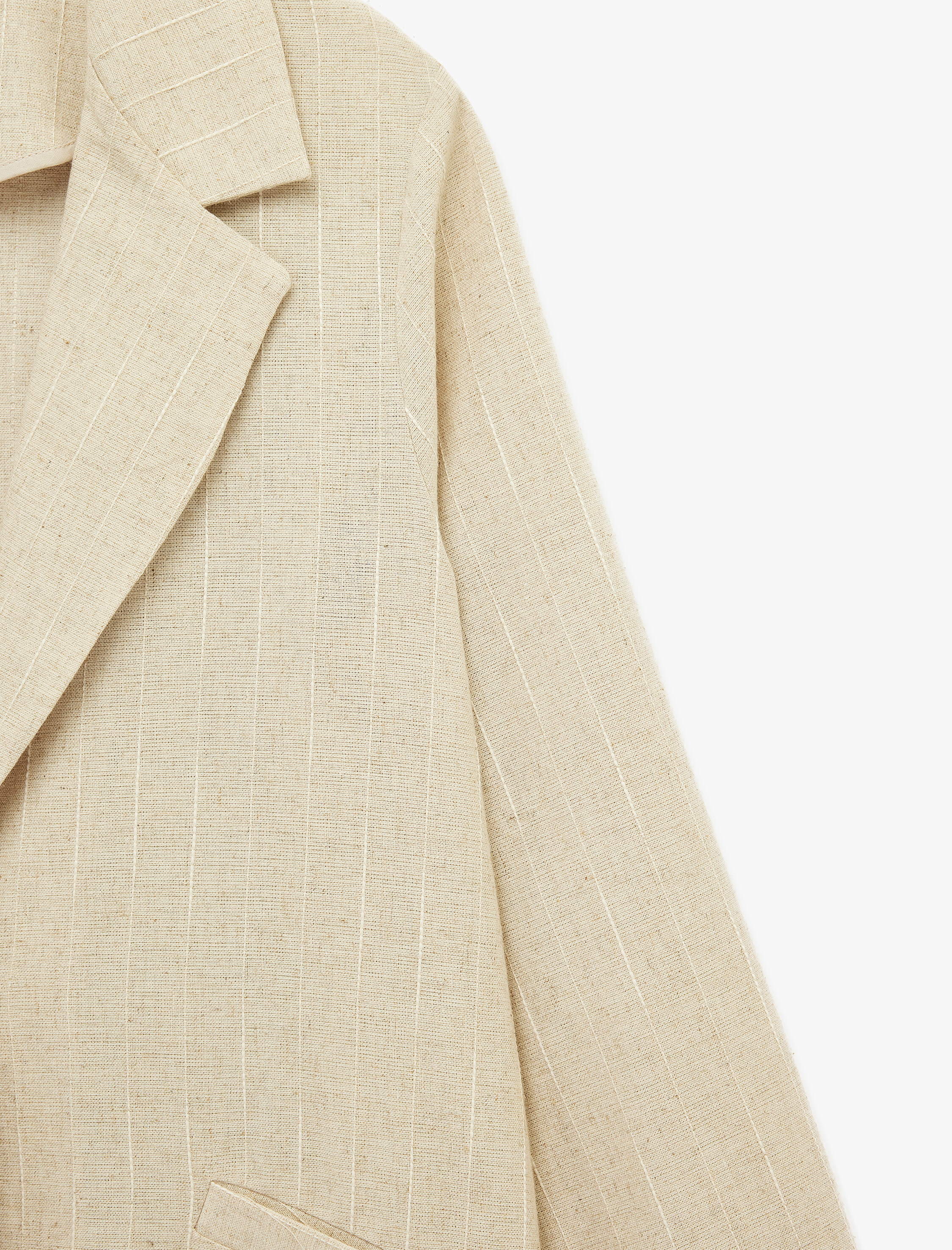   Keten Karışımlı Uzun Kollu Cepli Çizgili Kruvaze Uzun Ceket