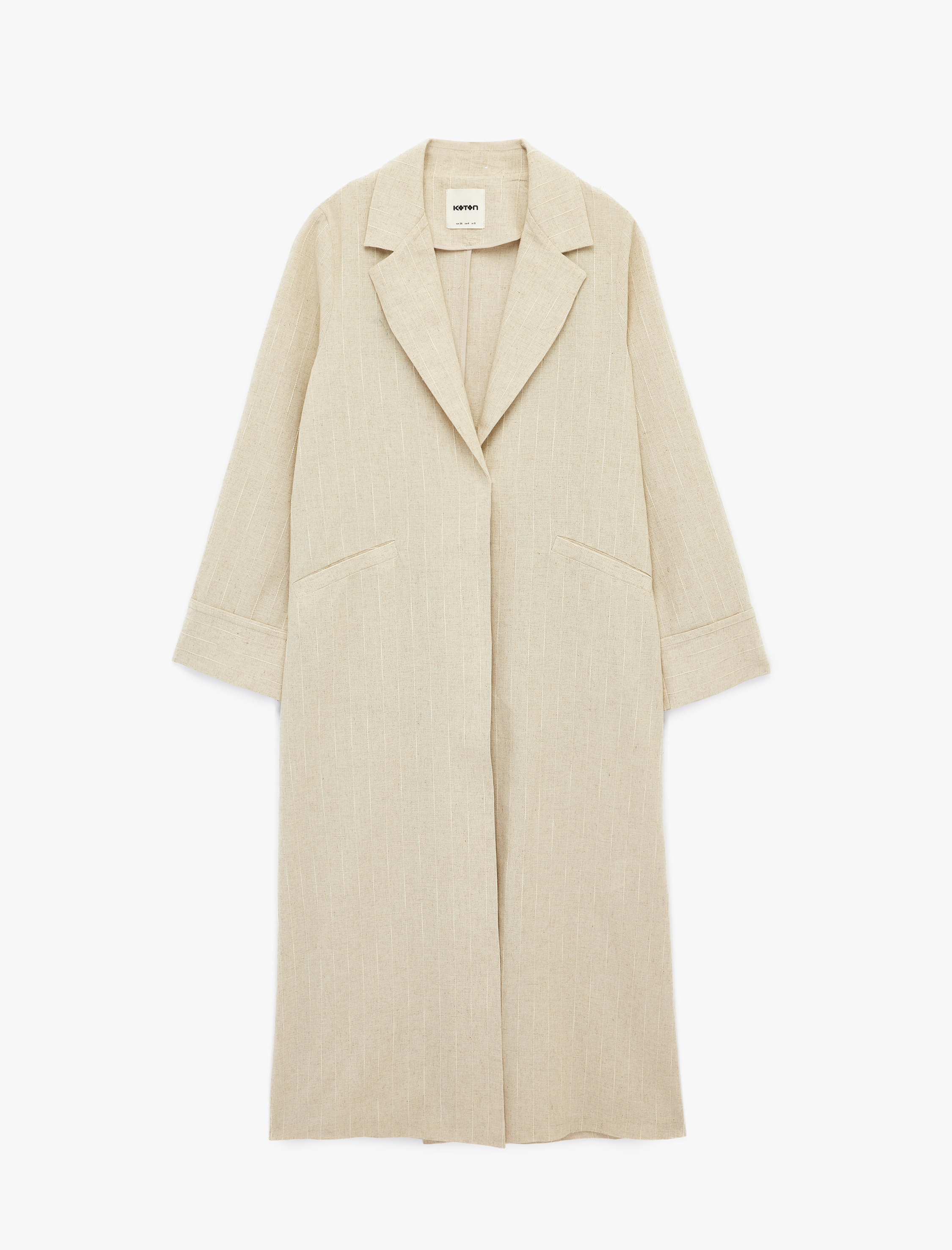   Keten Karışımlı Uzun Kollu Cepli Çizgili Kruvaze Uzun Ceket