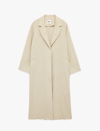 Keten Karışımlı Uzun Kollu Cepli Çizgili Kruvaze Uzun Ceket