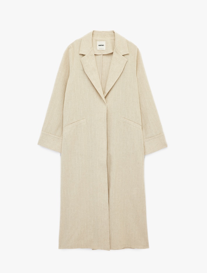  Keten Karışımlı Uzun Kollu Cepli Çizgili Kruvaze Uzun Ceket