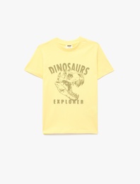 Pamuklu Kısa Kollu Bisiklet Yaka Dinozor Baskılı Tişört