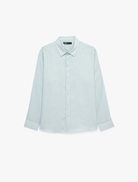 Regular Fit Düğmeli Yaka Uzun Kollu Keten Gömlek