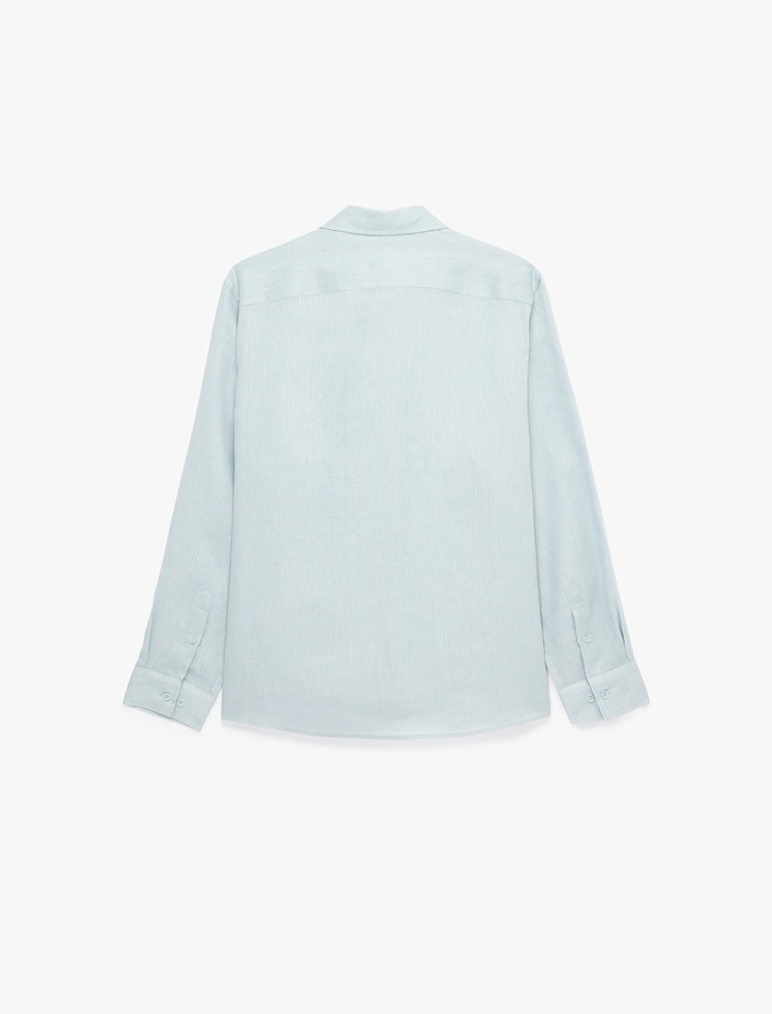  Regular Fit Düğmeli Yaka Uzun Kollu Keten Gömlek