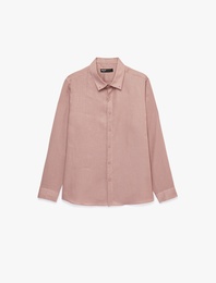 Regular Fit Düğmeli Yaka Uzun Kollu Keten Gömlek