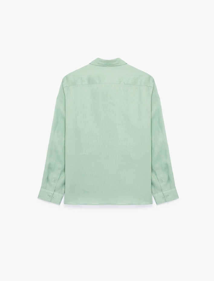  Regular Fit Düğmeli Yaka Uzun Kollu Keten Gömlek