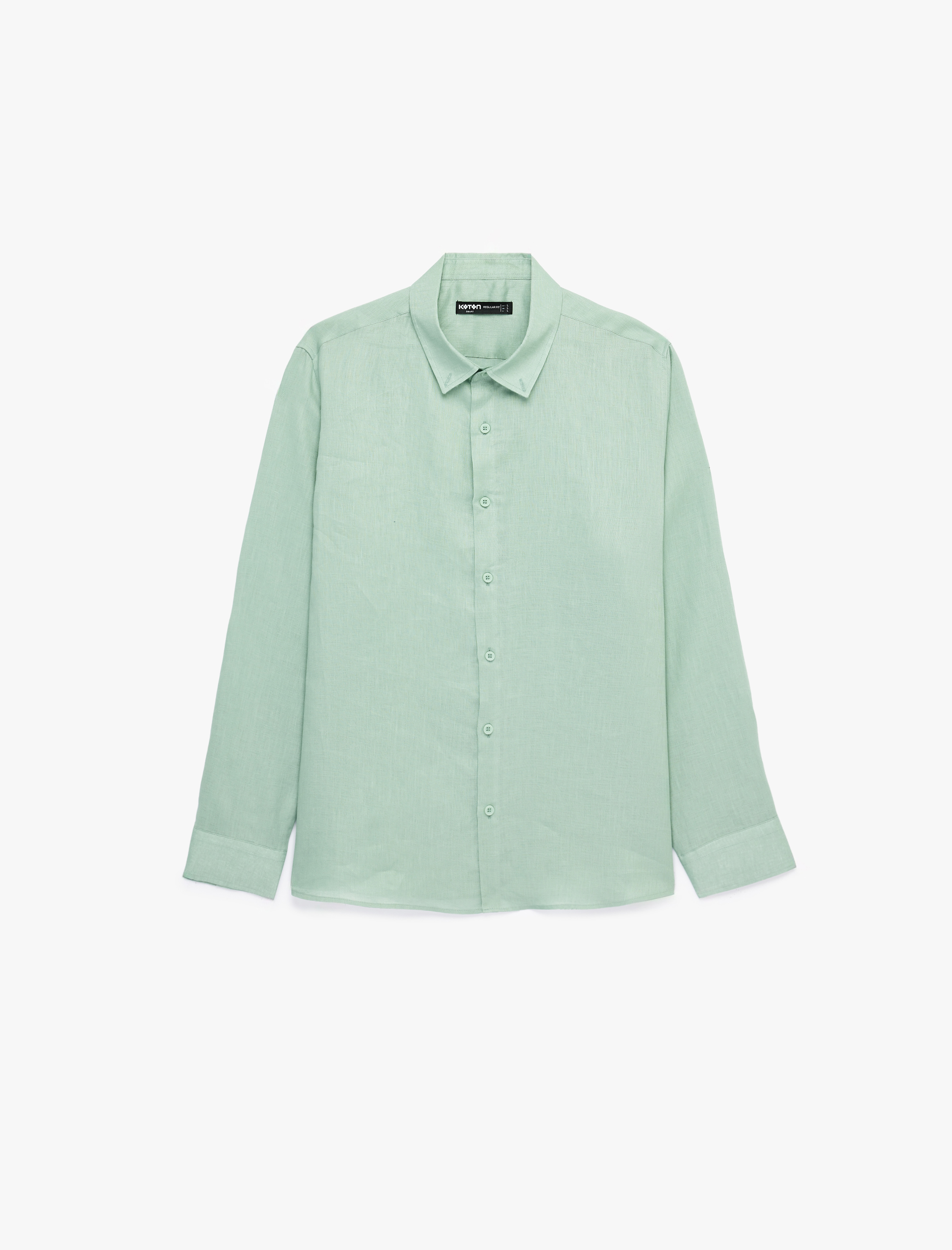   Regular Fit Düğmeli Yaka Uzun Kollu Keten Gömlek