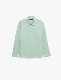 Regular Fit Düğmeli Yaka Uzun Kollu Keten Gömlek