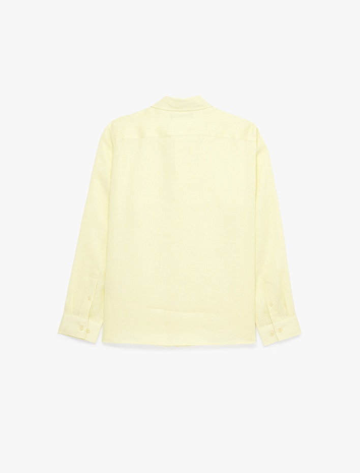  Regular Fit Düğmeli Yaka Uzun Kollu Keten Gömlek