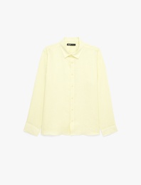 Regular Fit Düğmeli Yaka Uzun Kollu Keten Gömlek