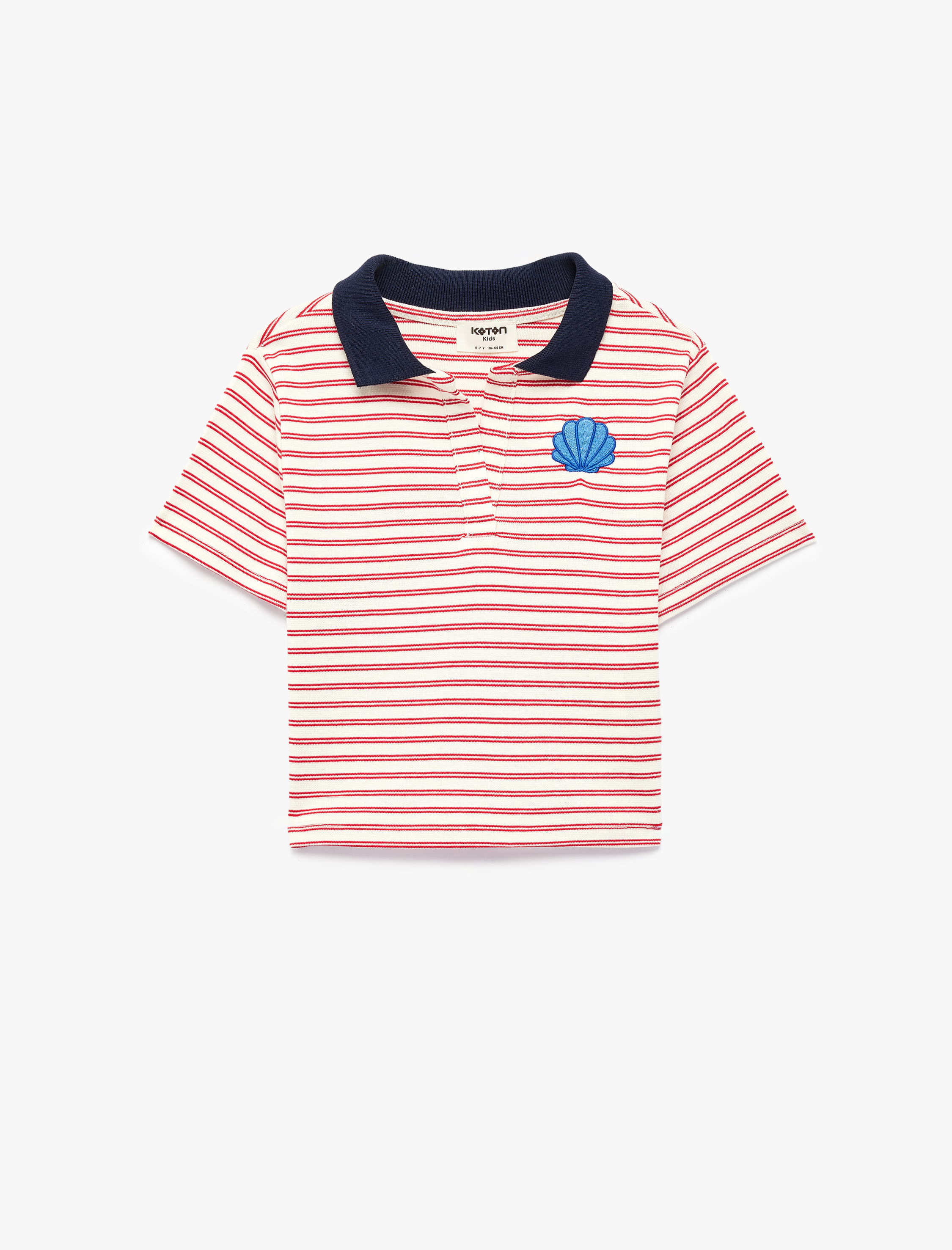  Kız Çocuk Nakış Detaylı Kısa Kollu Pamuklu Renk Kontrastlı Polo Yaka Crop Tişört