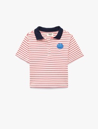 Nakış Detaylı Kısa Kollu Pamuklu Renk Kontrastlı Polo Yaka Crop Tişört