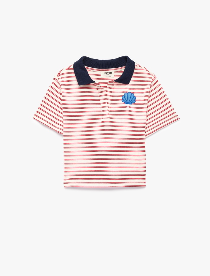 Kız Çocuk Nakış Detaylı Kısa Kollu Pamuklu Renk Kontrastlı Polo Yaka Crop Tişört