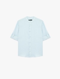 Regular Fit Uzun Kollu Düğmeli Hakim Yaka Keten Gömlek