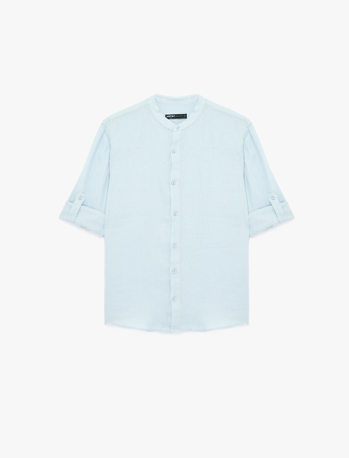  Regular Fit Uzun Kollu Düğmeli Hakim Yaka Keten Gömlek