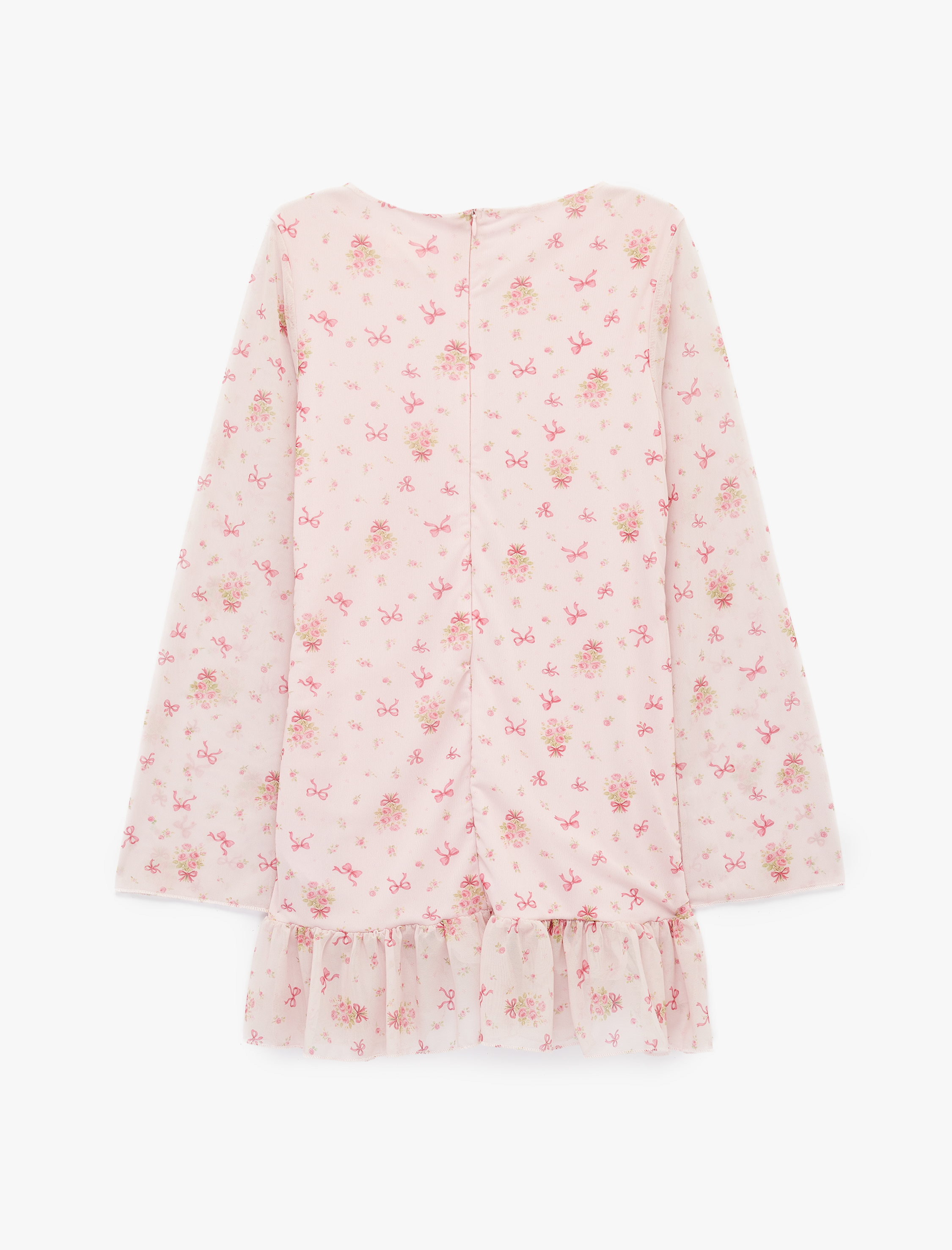  Kız Çocuk Drapeli Slim Fit Uzun Kollu Desenli Bisiklet Yaka Tül Elbise