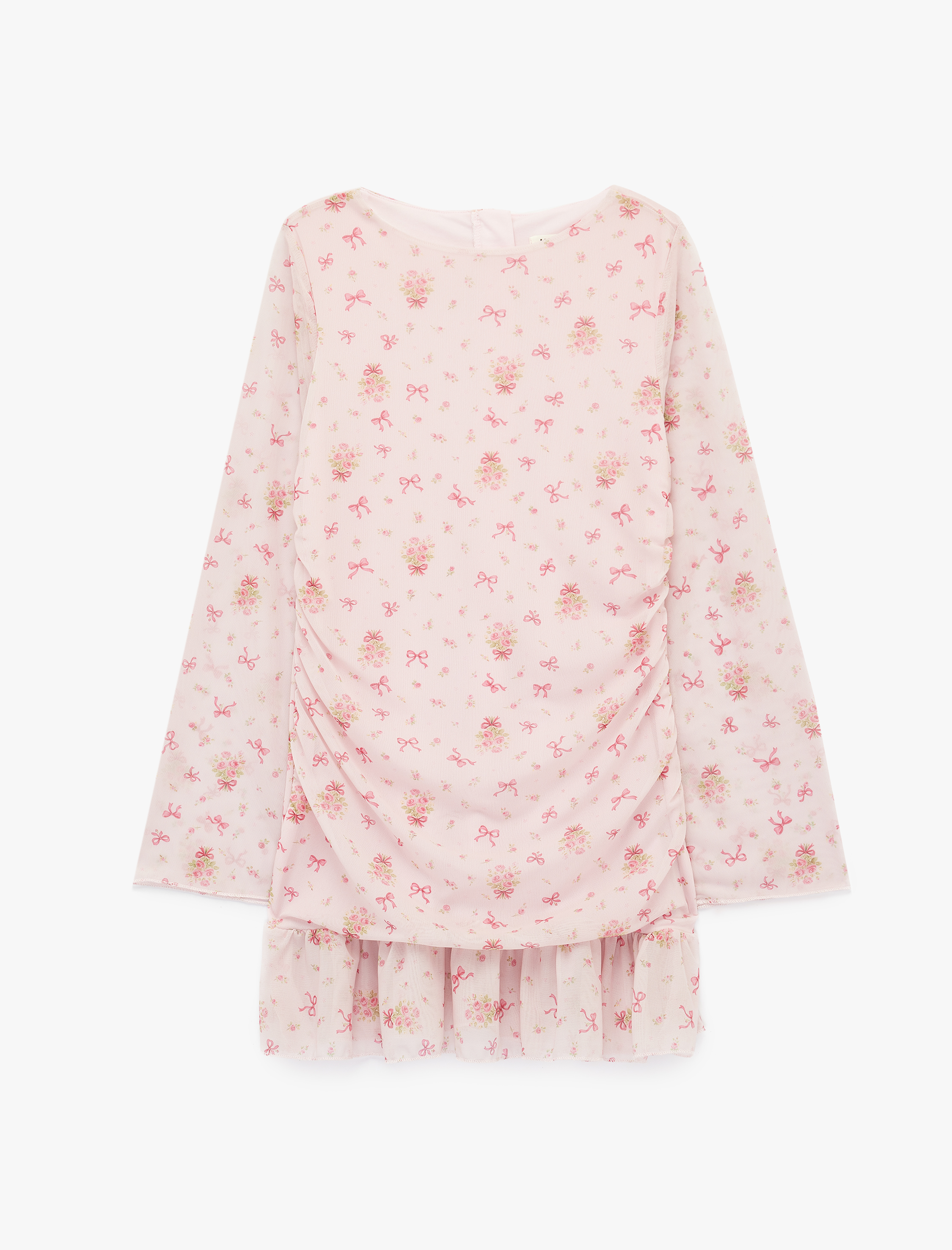  Kız Çocuk Drapeli Slim Fit Uzun Kollu Desenli Bisiklet Yaka Tül Elbise