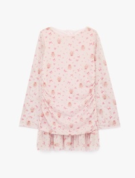 Drapeli Slim Fit Uzun Kollu Desenli Bisiklet Yaka Tül Elbise