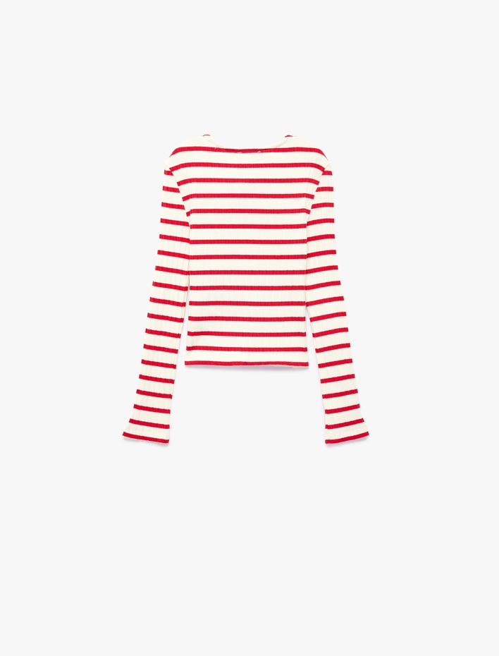 Kız Çocuk Uzun Kollu Pamuklu Kurdele Detaylı V Yaka Çizgili Tişört