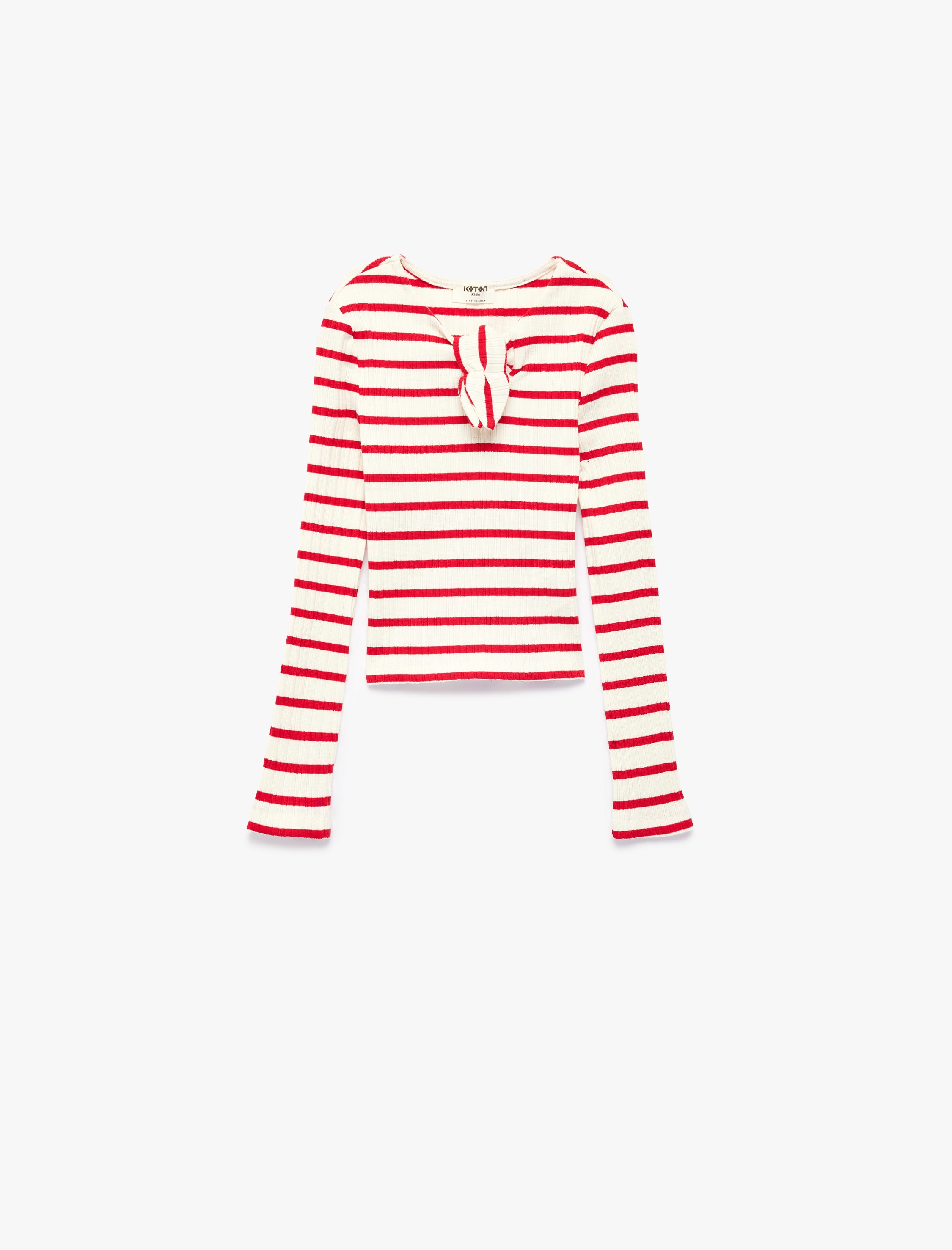  Kız Çocuk Uzun Kollu Pamuklu Kurdele Detaylı V Yaka Çizgili Tişört